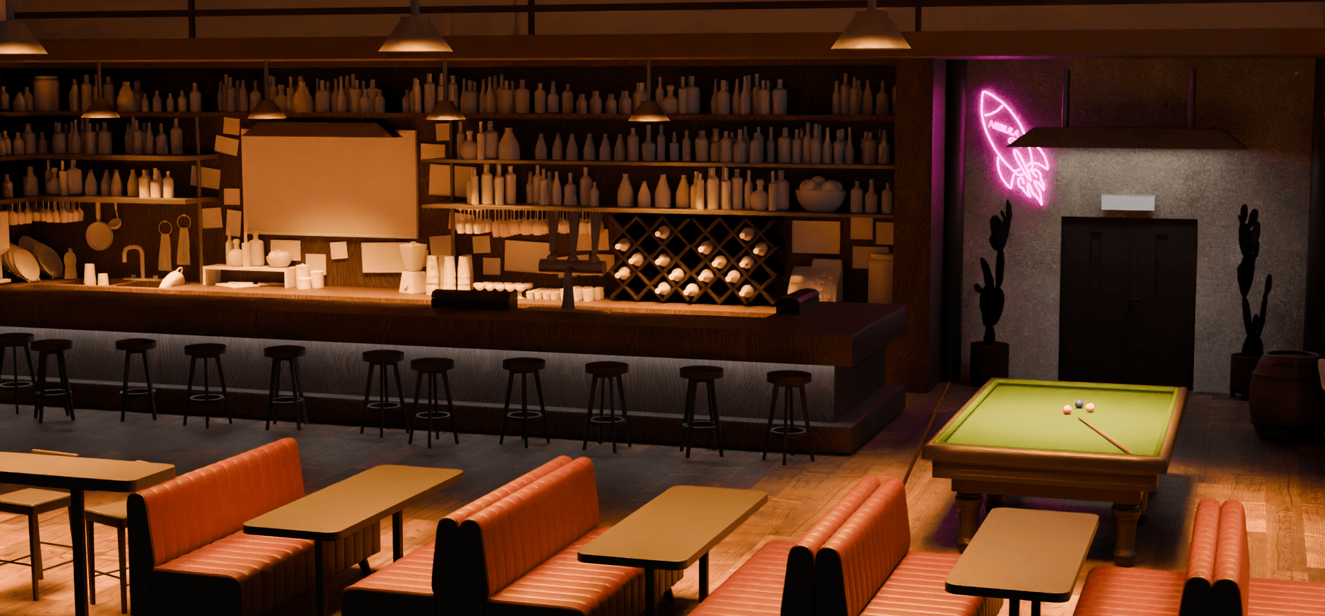 Bar with seating, shelves with bottles, neon sign, and pool table in a dimly lit lounge.