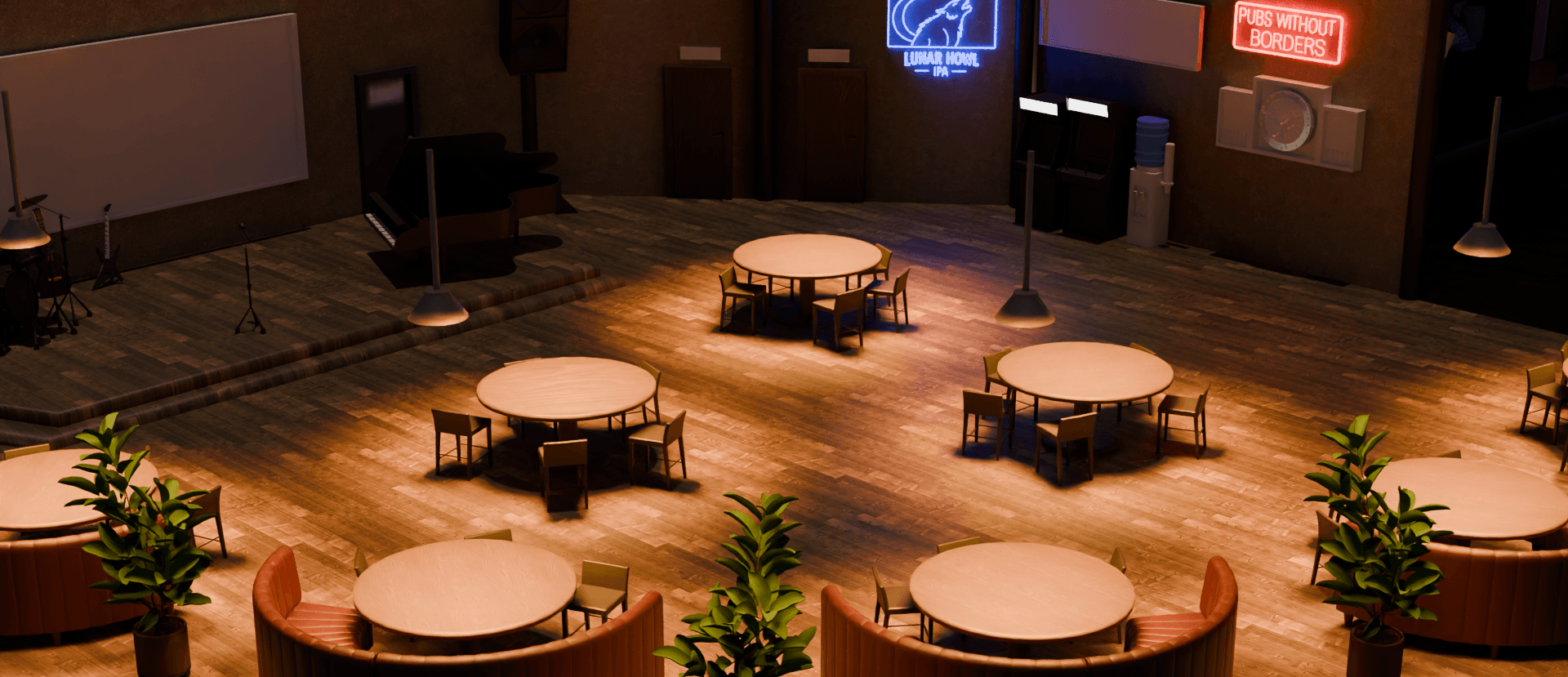Empty stage with three round tables, chairs, potted plants, and neon signs in a dimly lit room.