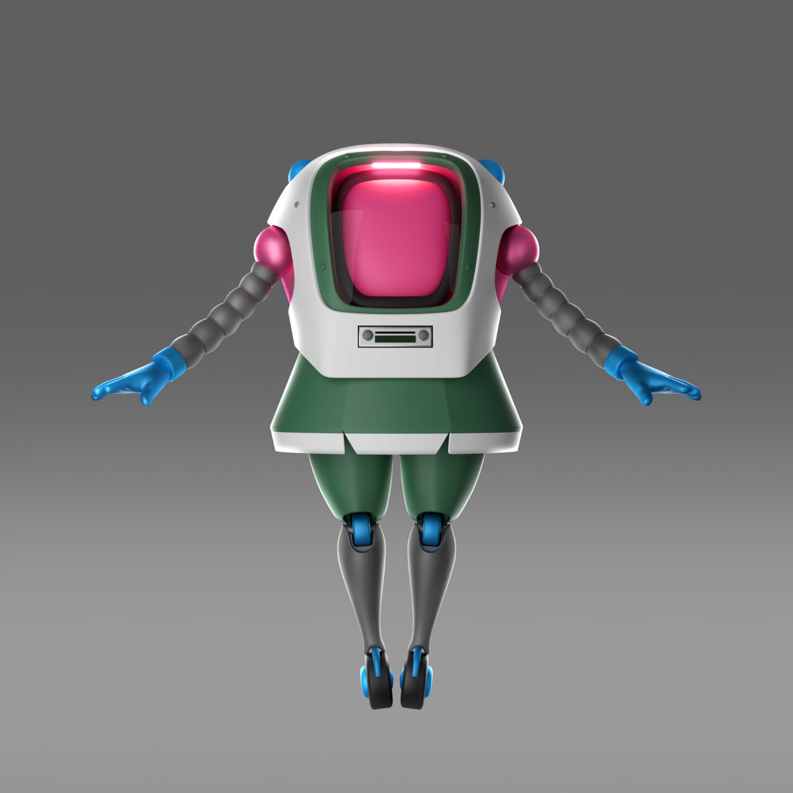 Robot with a pink screen, gray arms, and green legs, floating against a gray background.