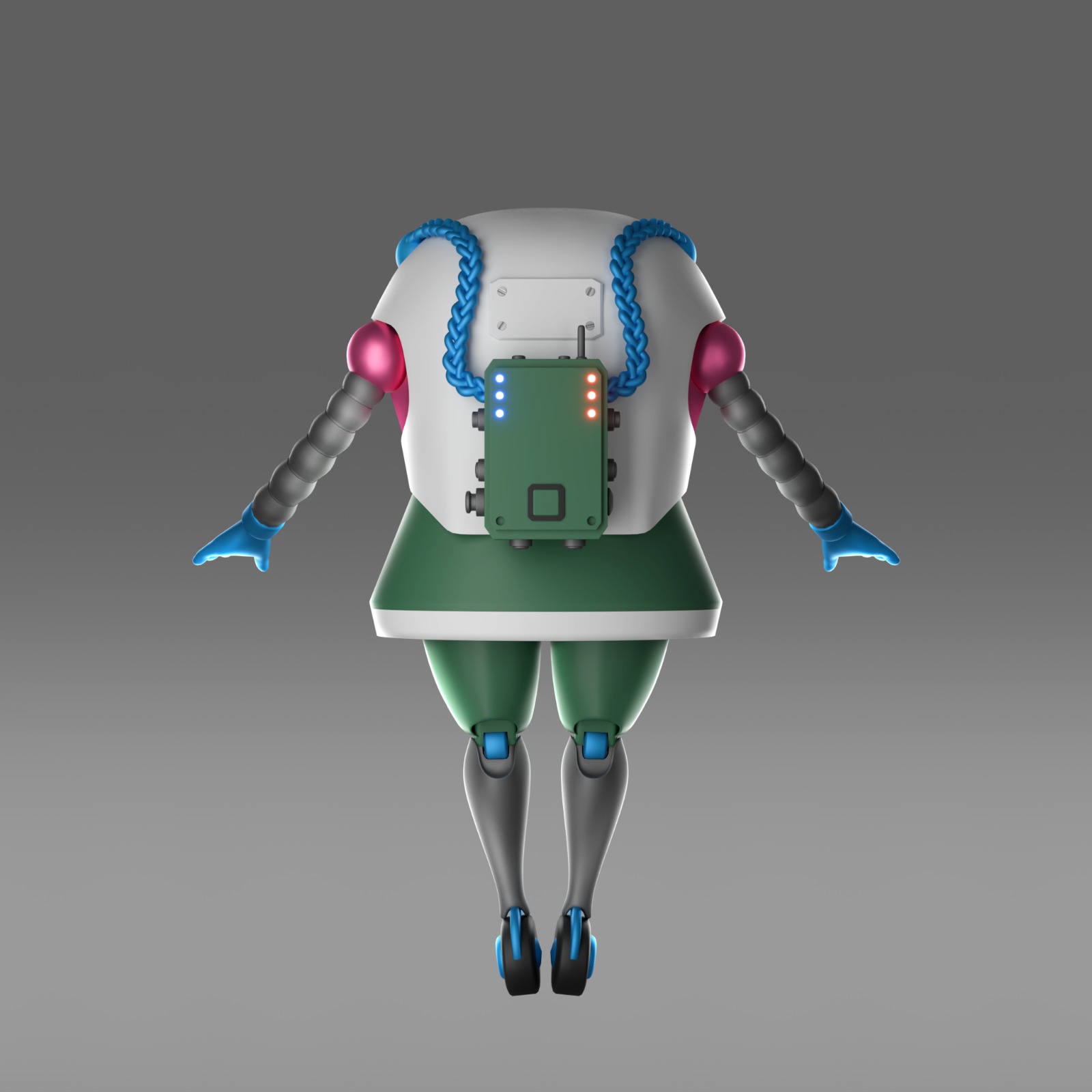 Robot with a white body, blue braided cables, and gray arms with pink joints, standing against a gray background.