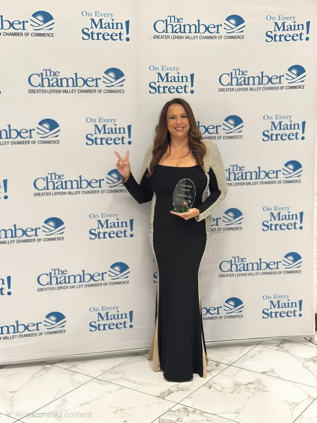 Woman in black dress holding an award, standing in front of a backdrop with chamber logos, making a peace sign with her right hand.