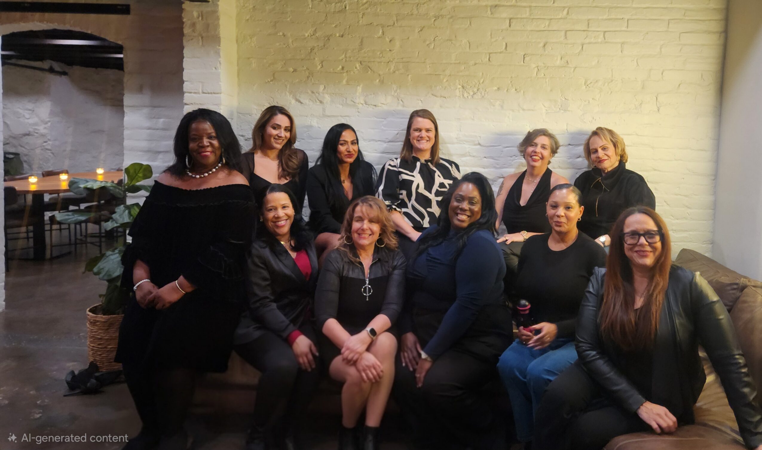 Group of twelve women posing indoors against a yellow brick wall, some sitting and some standing, smiling.