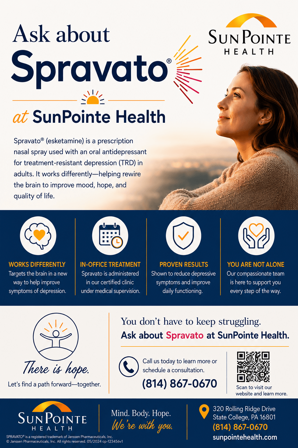 Promotional sign for Spravato at SunPointe Health with a woman looking upward, SunPointe Health logo, and information about treatment.