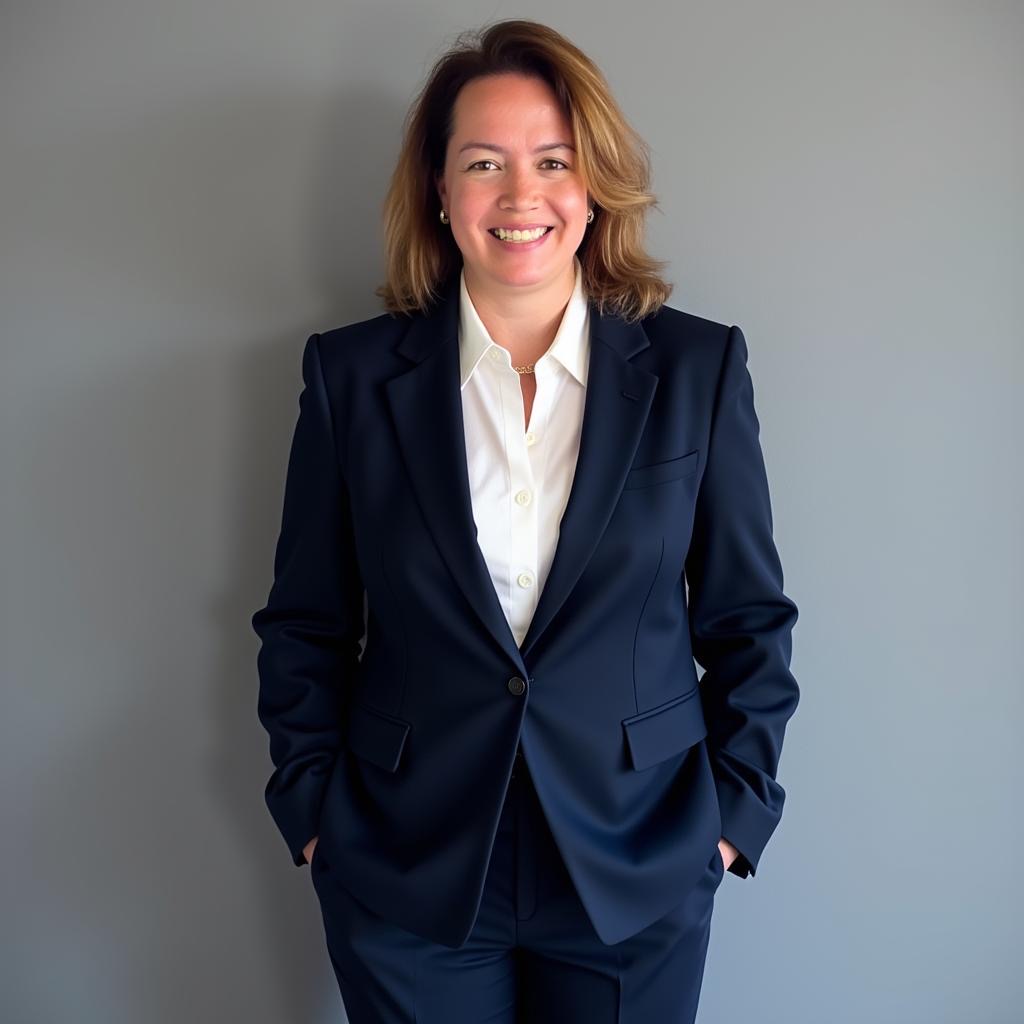 Woman with shoulder-length hair in a navy suit and white shirt, smiling, standing against a plain gray background.