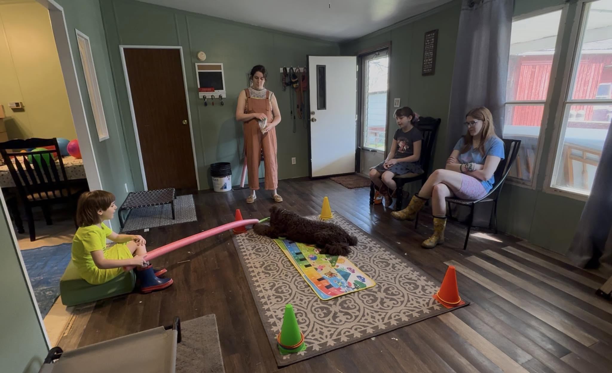 Child with a toy sword plays on a rug with a small dog, while three people sit nearby in a room with large windows.