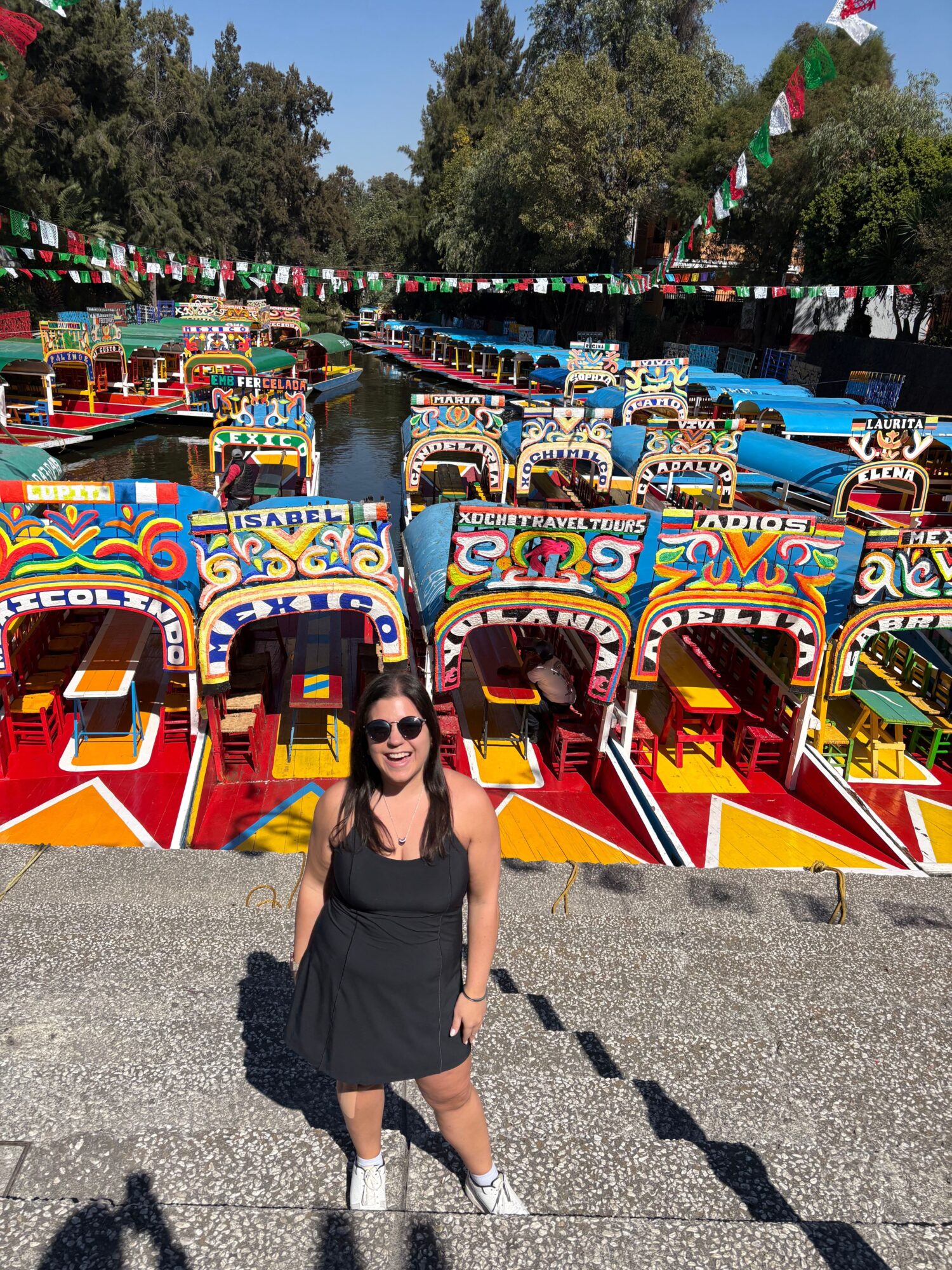 Woman in black dress standing next to colorful amusement park rides, trees in background, sunny day.