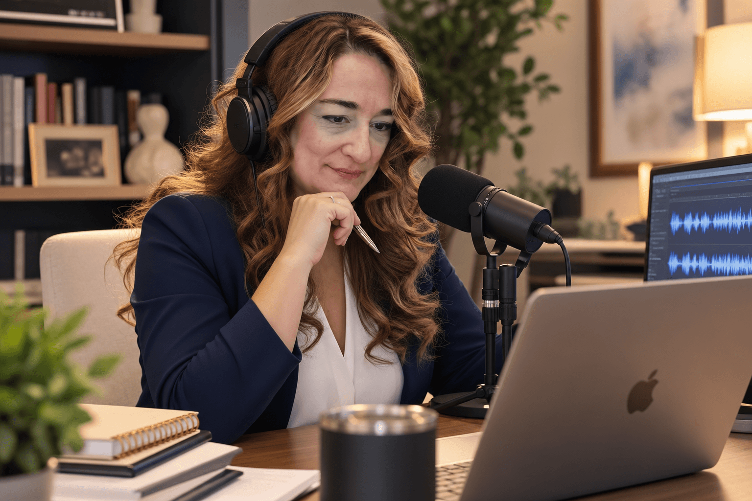 Woman with headphones speaking into microphone during recording session, using laptop in a cozy room.