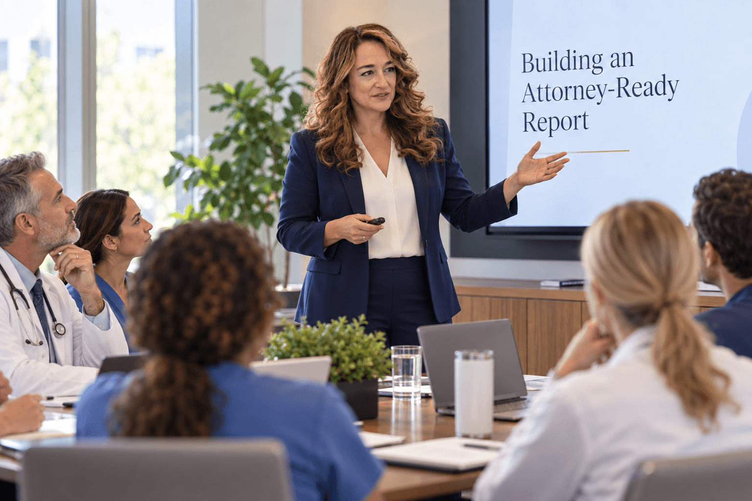 Woman presenting in a conference room with diverse group of professionals, a screen displaying a report title, and a plant in the background.