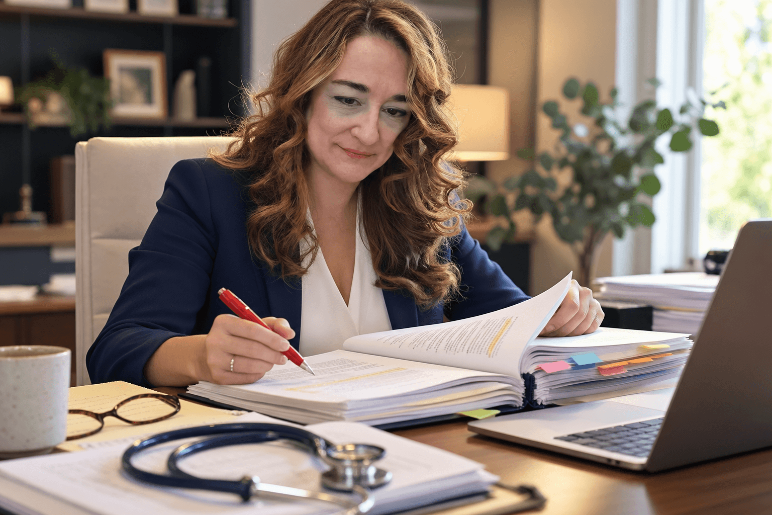 Woman with wavy hair in a navy blazer reads documents at desk with laptop and stethoscope, in a bright office.