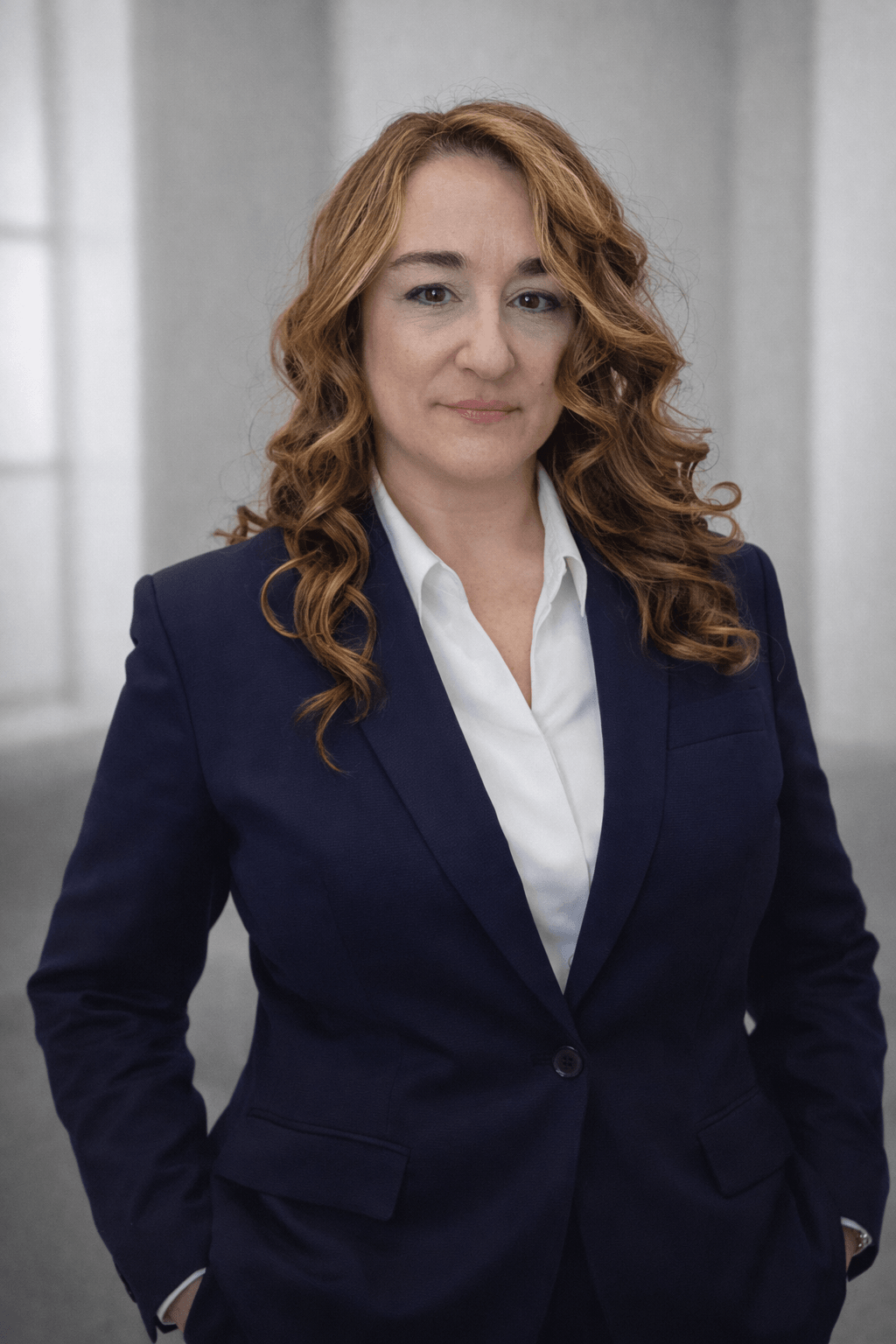 Woman with curly hair in a navy blazer and white shirt standing outdoors with a neutral background.
