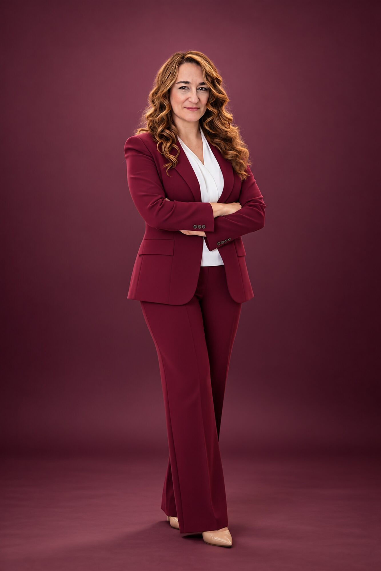 Woman with long wavy hair in a burgundy suit and white top, standing with arms crossed against a maroon background.