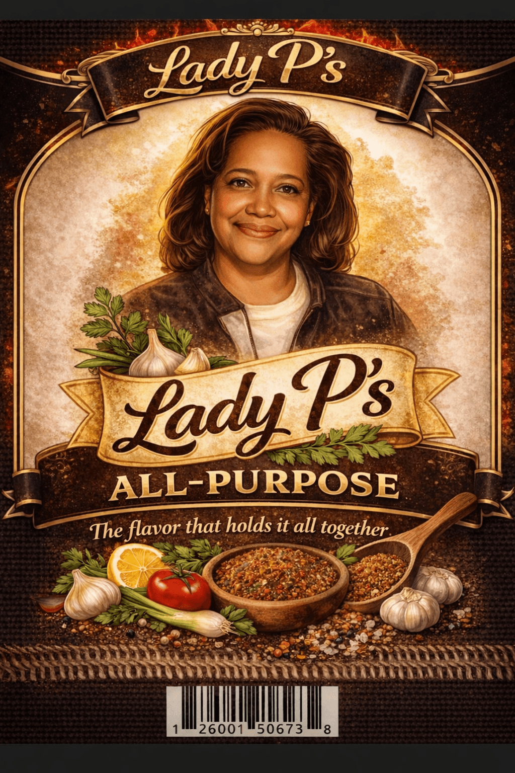 Smiling woman with curly hair in front of a Lady P's All-Purpose seasoning label, surrounded by vegetables and garlic.
