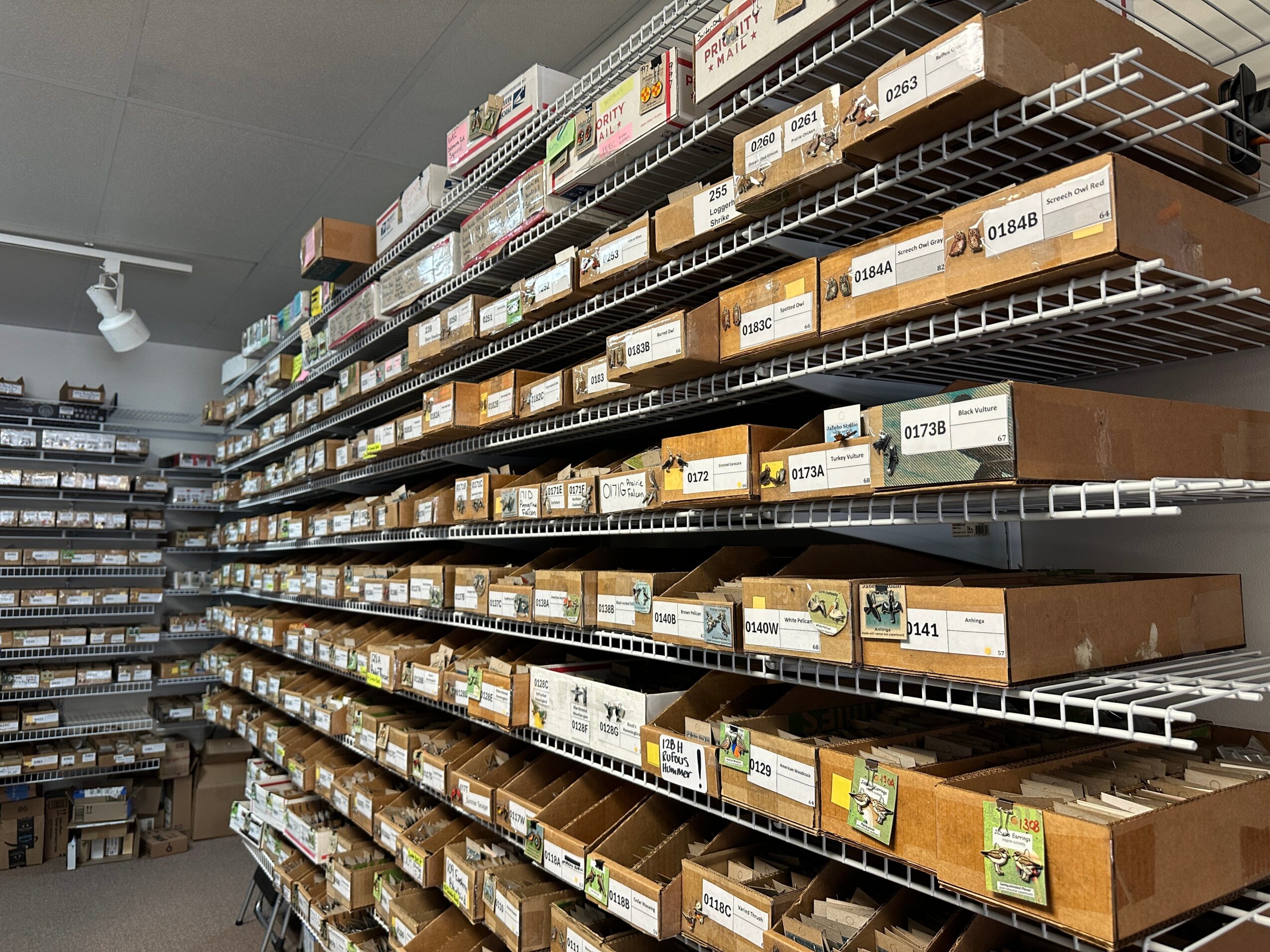 Shelves filled with boxes and packages in a storage room or warehouse, organized in rows.
