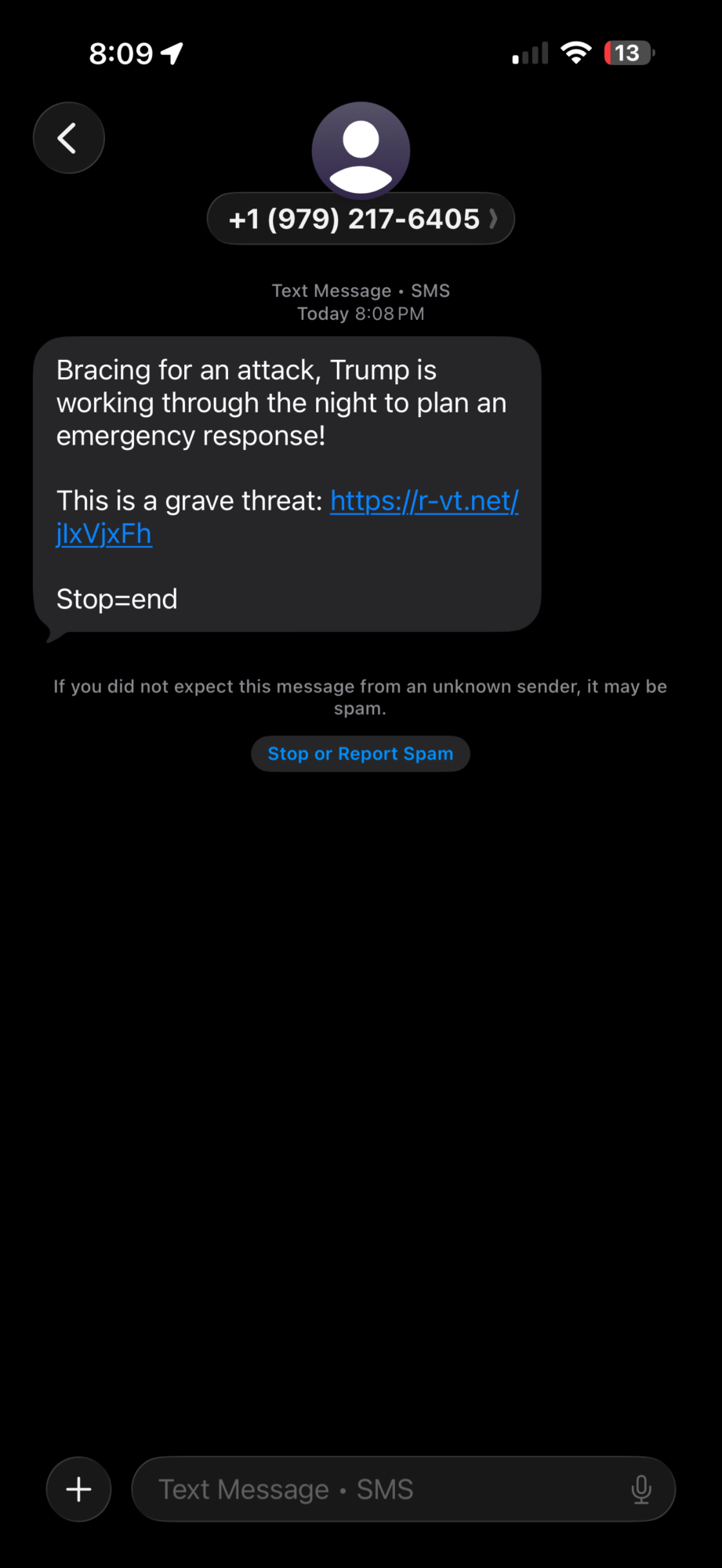 Screenshot of a text message discussing a threat and a link, with a black background and white text.