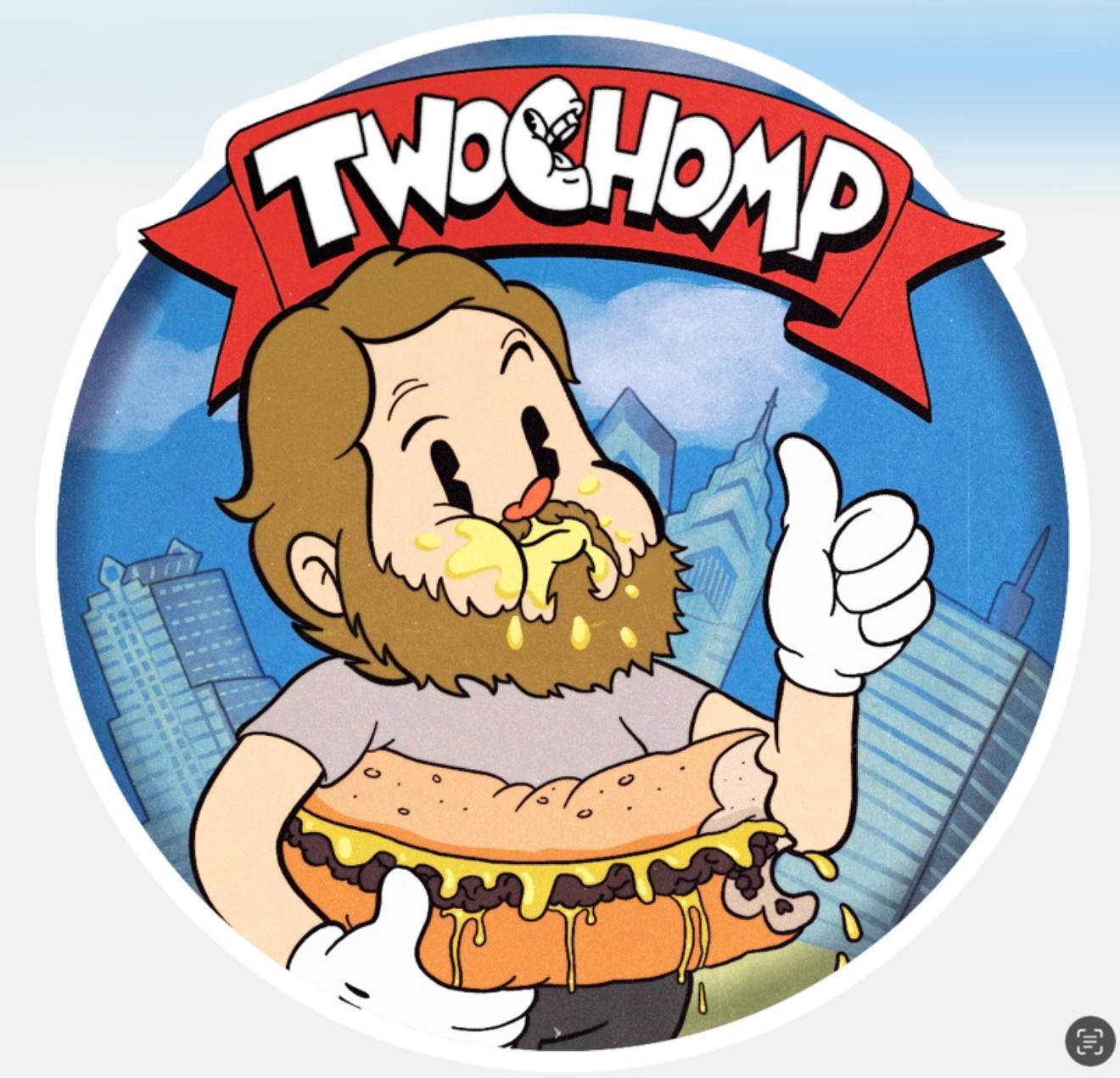 Cartoon man with a beard holding a large hot dog, giving a thumbs-up, with city buildings in background.