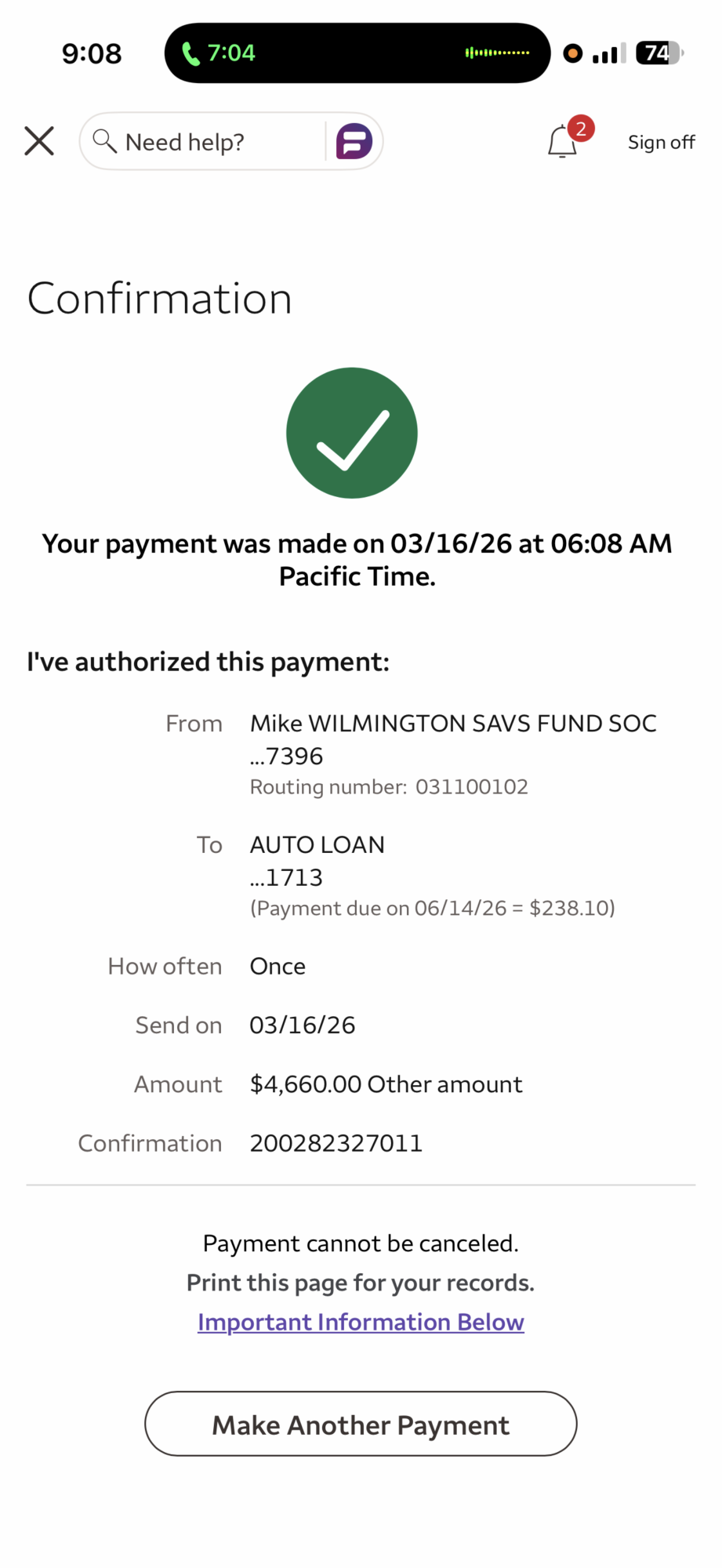 Confirmation screen showing payment made on 03/16/26 at 6:08 AM, with a green checkmark and payment details.