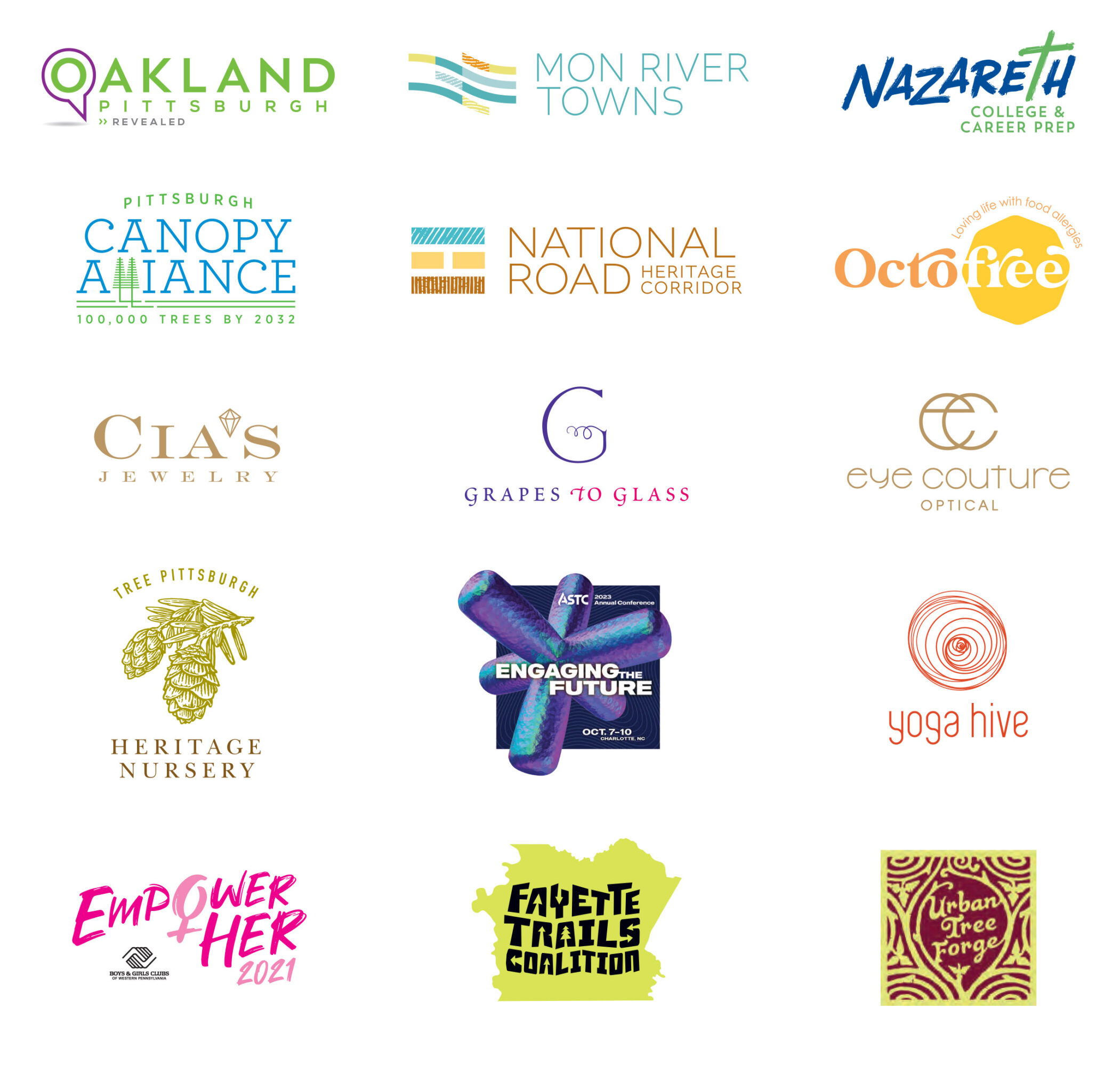 Collection of various logos for businesses and organizations, including colleges, nurseries, and community groups.
