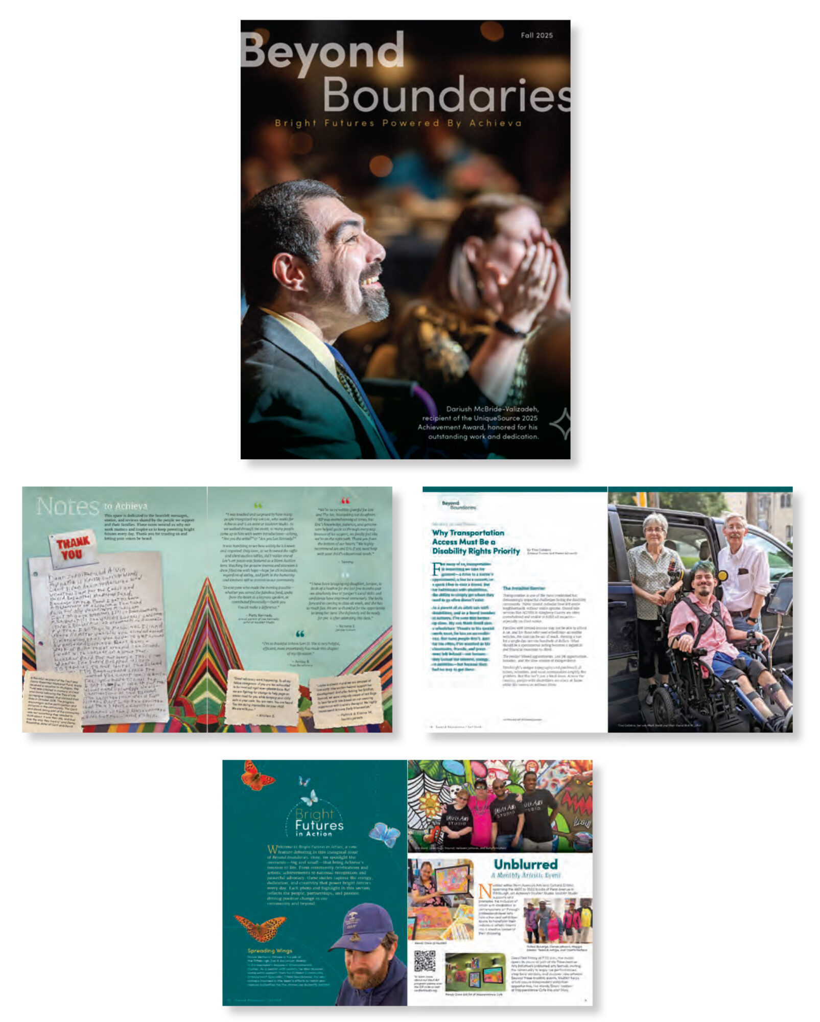 Three-page magazine spread with text, colorful graphics, and photos of people, including a man and a woman, outdoors and indoors.