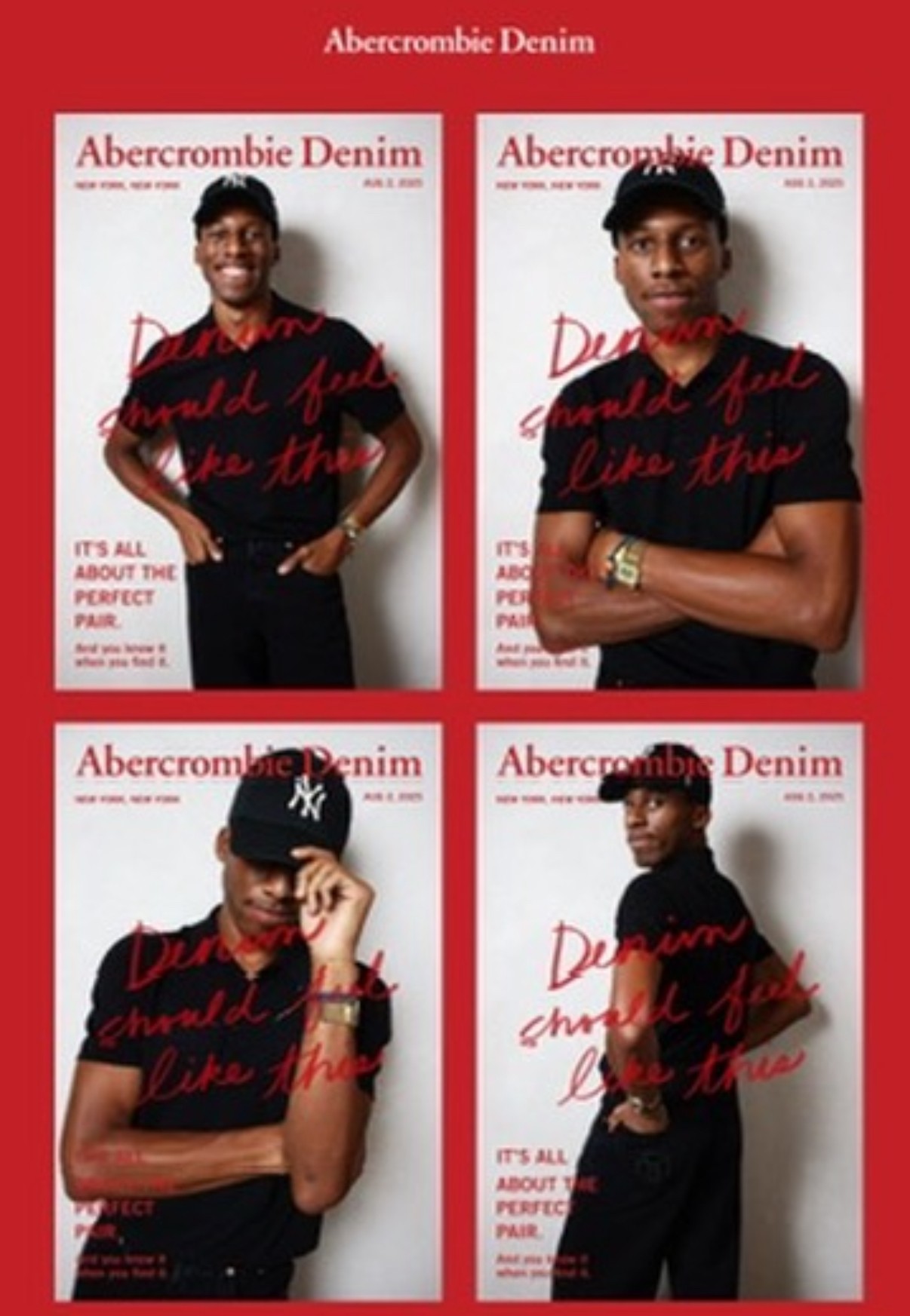 Four images of a young man in black clothing and a cap, posing against a white background with red text. Each image shows different poses.