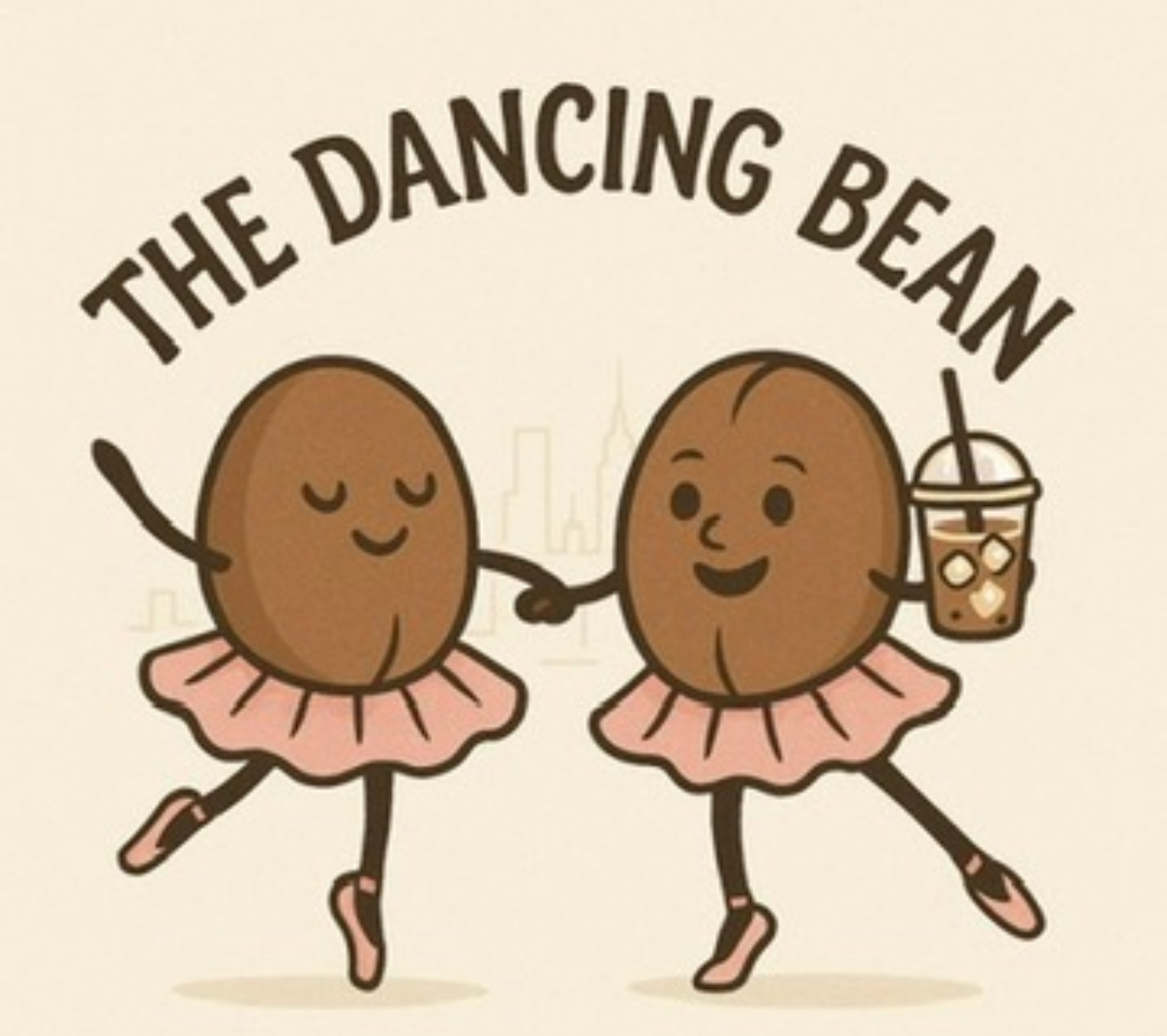 Two dancing beans wearing pink tutus, holding hands, one holding a drink, with text 'The Dancing Bean' above.