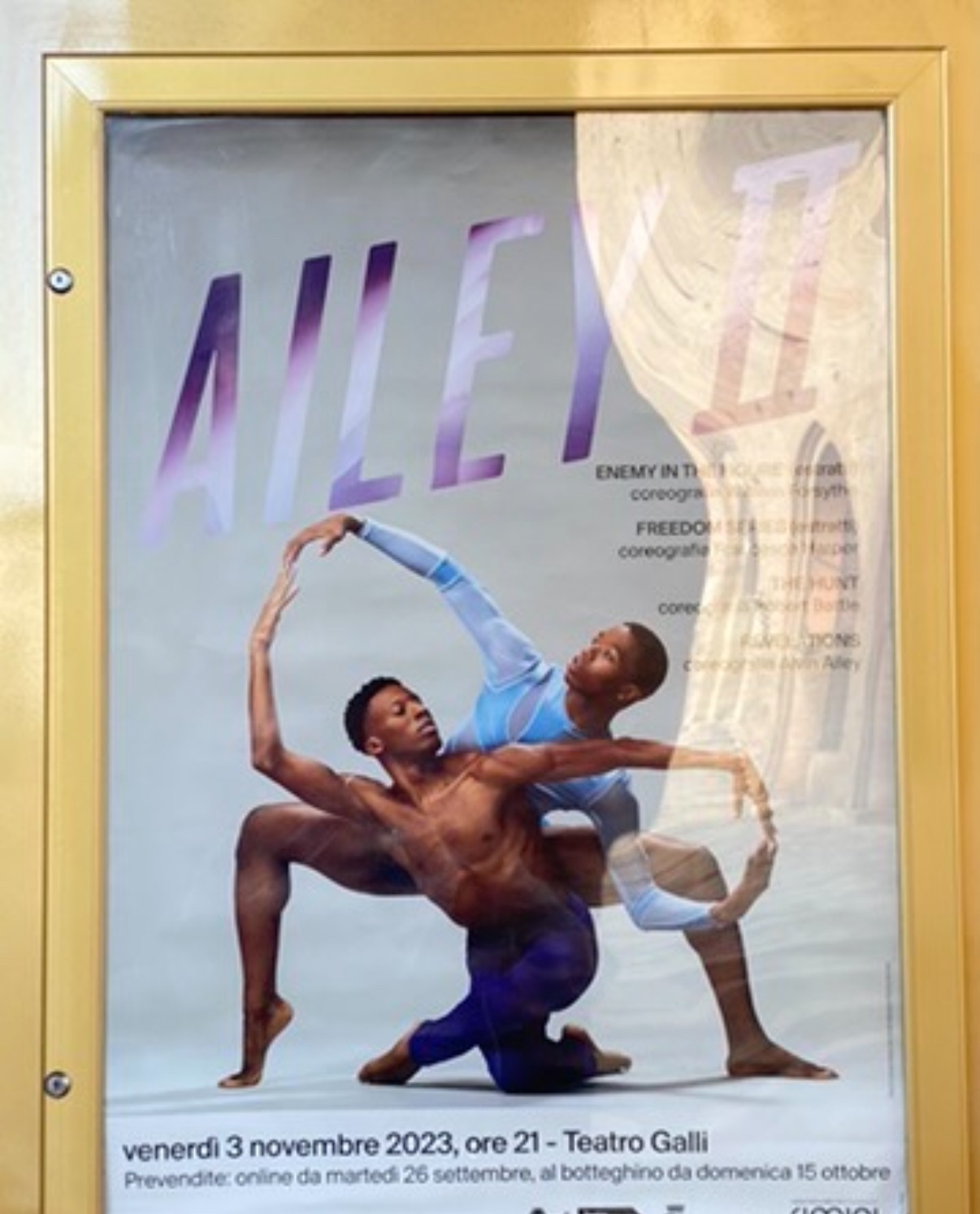 Poster featuring two ballet dancers in a pose, with large purple text reading 'ALLE' and event details below.