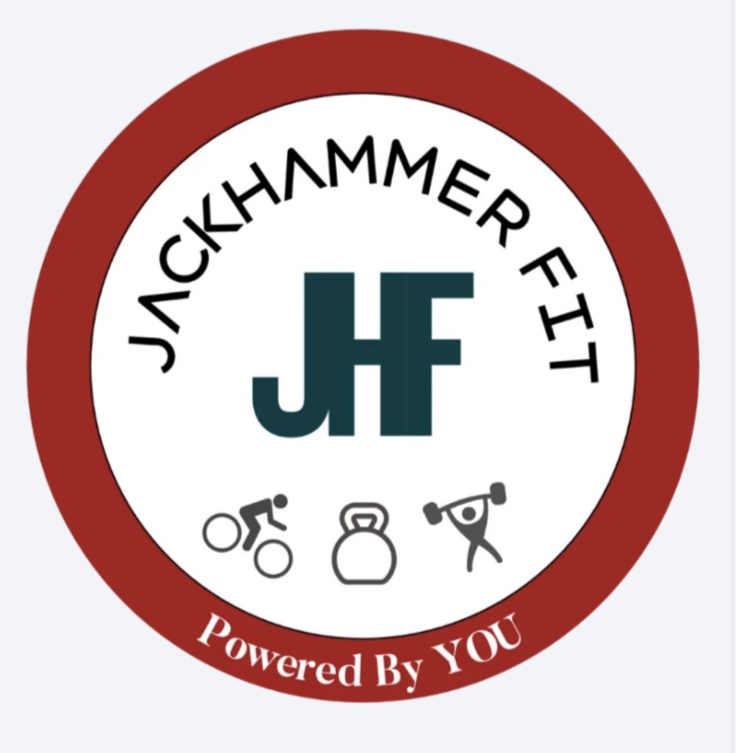Circular logo with red border, black text, and icons of a bicycle, kettlebell, and person lifting weights.