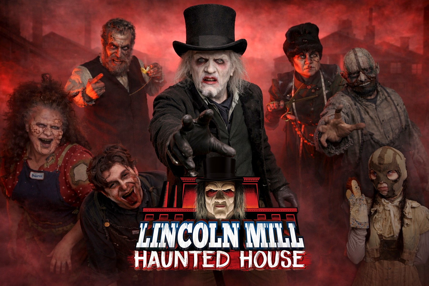 Group of people in costumes, with a central figure in a top hat, promoting Lincoln Mill Haunted House, dark background.