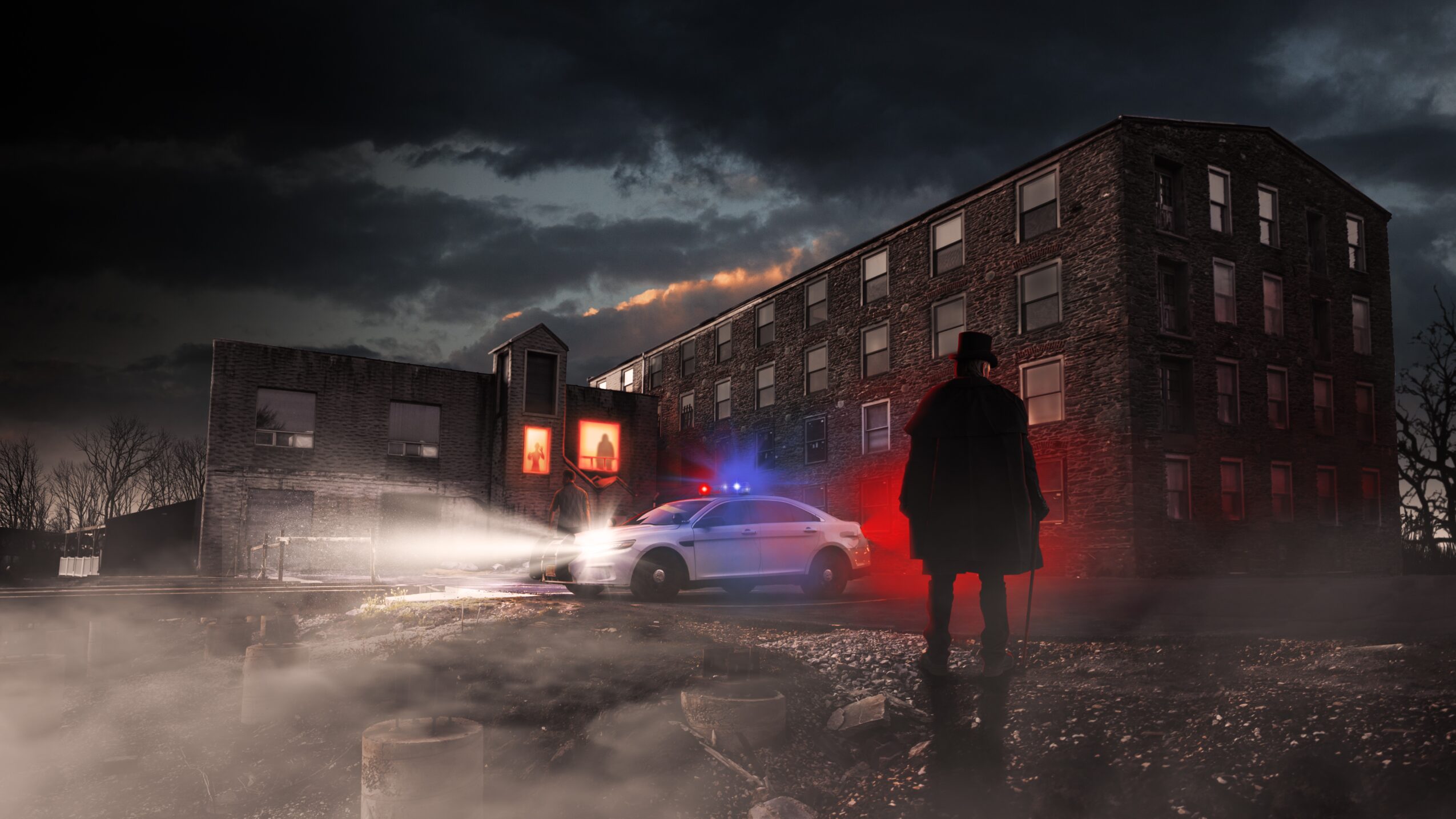 Person standing outside a damaged building with police car lights flashing, dark stormy sky, and foggy ground.