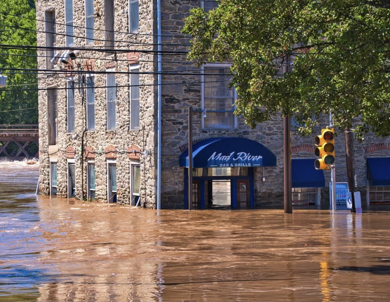 Flooded street with water reaching building entrances, traffic light, and trees, under a clear sky.