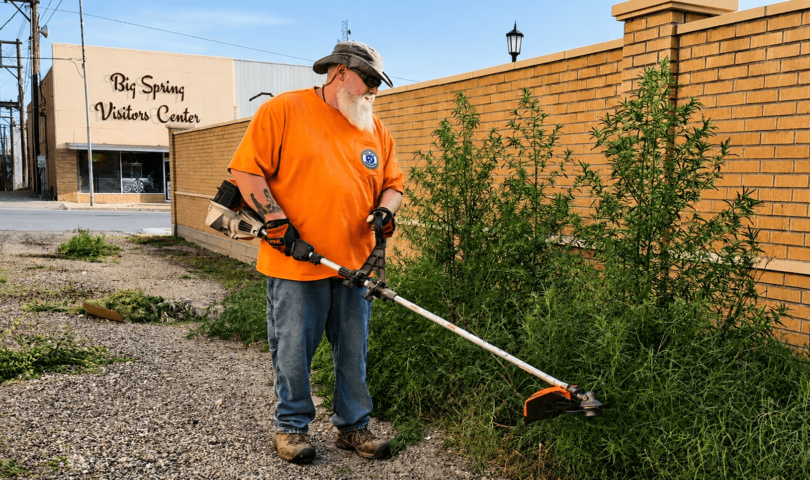 Person wearing orange shirt and cap using a weed trimmer near bushes on sidewalk, with brick building in background.