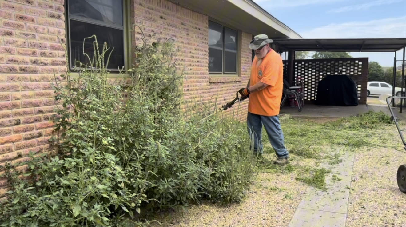 Person in orange shirt and hat trimming bushes near a brick building, with a carport and parked vehicle in background.
