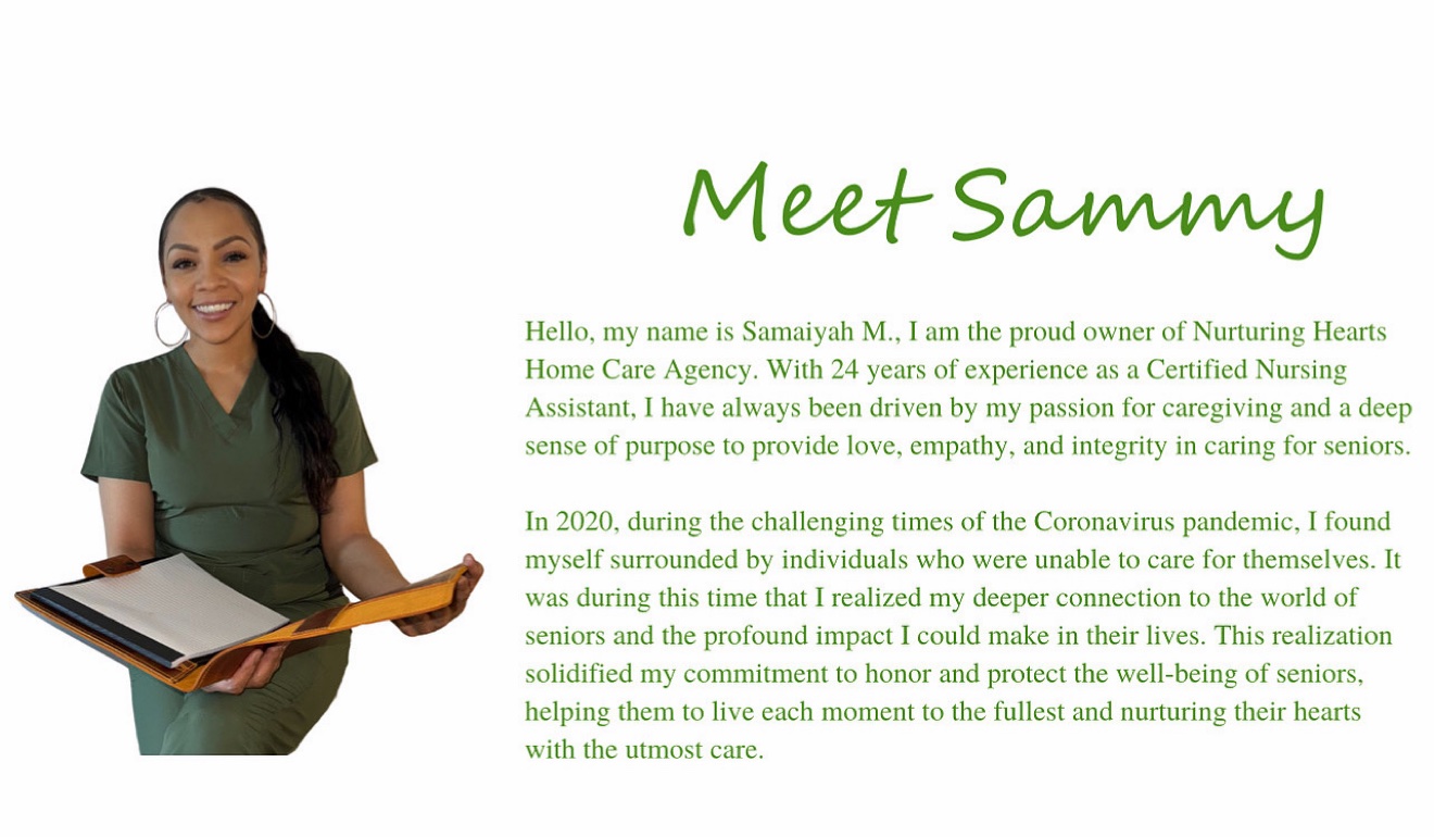 Text introduction about Sammy, owner of Nurturing Hearts Home Care, with a woman smiling and holding a folder or book.