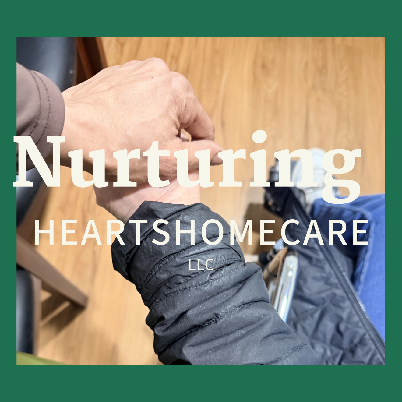 A person holding a child's hand, with text overlay reading 'Nurturing HEARTSHOMECARE'.