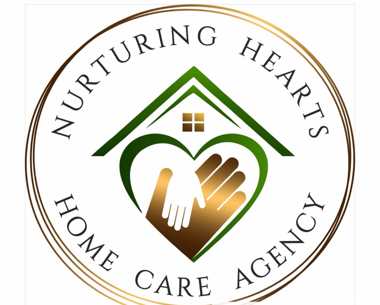 Logo with a house, two hands forming a heart, and text 'Nurturing Hearts Home Care Agency'.