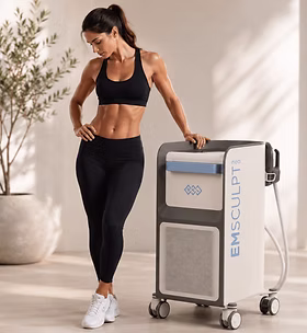 Fit woman in workout clothes standing next to a medical device on wheels, in a bright room with a potted plant.